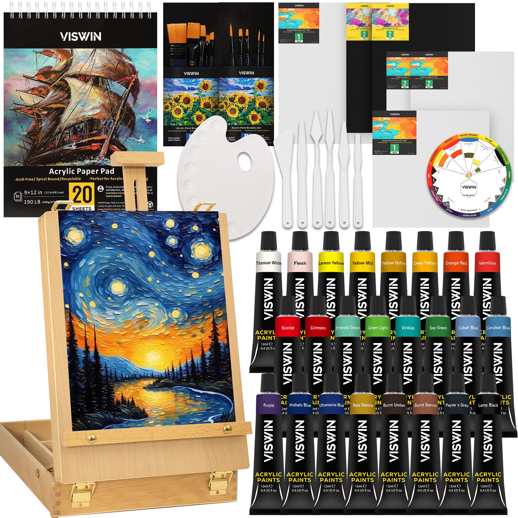Amazon.com: VISWIN 62 Pcs Acrylic Paint Set with Easel Box